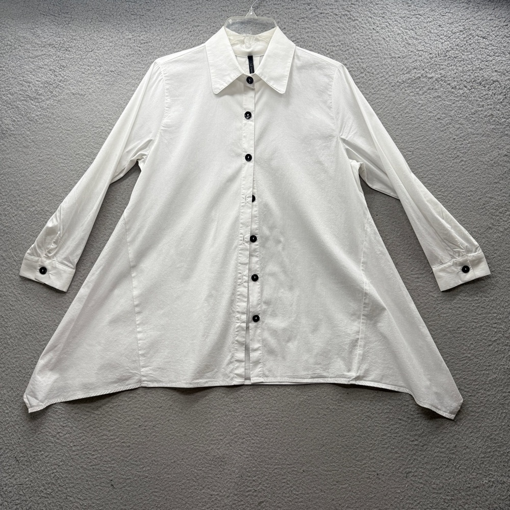 IC by Connie K Tunic White Button Up Top Shirt Blouse Asymmetric Women’s Size S
